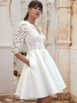 Short Wedding Dresses Short V-Neck Half Sleeves Short Natural Waist Lace Bridal Dresses