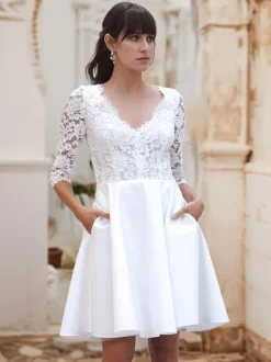 Short Wedding Dresses Short V-Neck Half Sleeves Short Natural Waist Lace Bridal Dresses