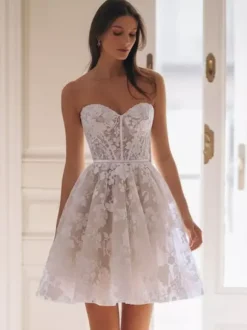 Short Wedding Dresses Short Sweetheart Neck 3/4 Length Sleeves Short Natural Waist Tulle Short Bridal Dress