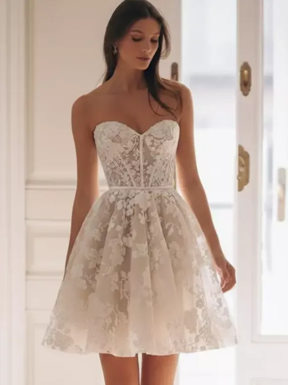 Short Wedding Dresses Short Sweetheart Neck 3/4 Length Sleeves Short Natural Waist Tulle Short Bridal Dress