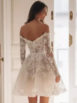 Short Wedding Dresses Short Sweetheart Neck 3/4 Length Sleeves Short Natural Waist Tulle Short Bridal Dress