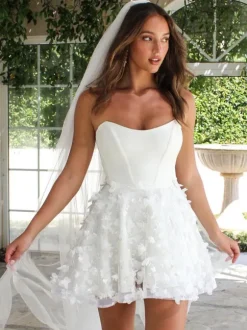 Short Wedding Dresses Short Strapless Sleeveless A-Line Natural Waist Lace Bridal Gowns