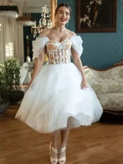 Short Wedding Dresses Sweetheart Neck Short Sleeves A-Line Tea-Length Bridal Gowns