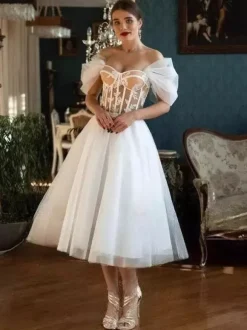 Short Wedding Dresses Sweetheart Neck Short Sleeves A-Line Tea-Length Bridal Gowns