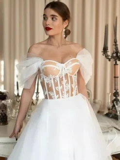 Short Wedding Dresses Sweetheart Neck Short Sleeves A-Line Tea-Length Bridal Gowns