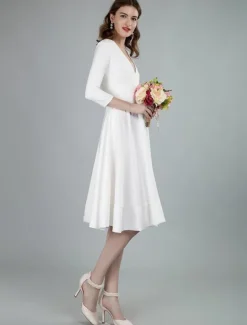 Short Wedding Dresses V Neck 3/4 Length Sleeves A-Line Knee Length Bridal Dress