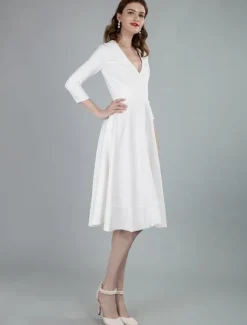 Short Wedding Dresses V Neck 3/4 Length Sleeves A-Line Knee Length Bridal Dress