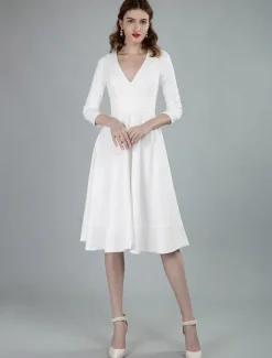 Short Wedding Dresses V Neck 3/4 Length Sleeves A-Line Knee Length Bridal Dress