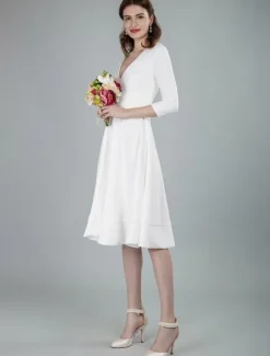 Short Wedding Dresses V Neck 3/4 Length Sleeves A-Line Knee Length Bridal Dress