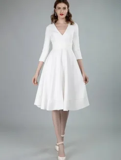 Short Wedding Dresses V Neck 3/4 Length Sleeves A-Line Knee Length Bridal Dress