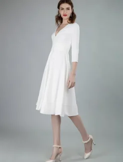 Short Wedding Dresses V Neck 3/4 Length Sleeves A-Line Knee Length Bridal Dress