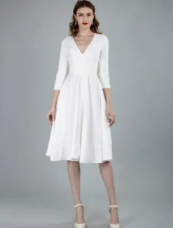 Short Wedding Dresses V Neck 3/4 Length Sleeves A-Line Knee Length Bridal Dress