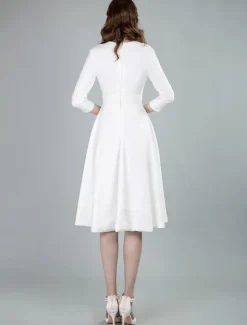 Short Wedding Dresses V Neck 3/4 Length Sleeves A-Line Knee Length Bridal Dress