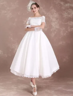 Short Wedding Dresses Vintage Bridal Dress 1950 Bateau Lace Short Sleeve Ivory Bow Sash Tea Length Wedding Reception Dress Free Customization