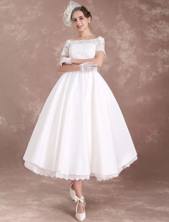 Short Wedding Dresses Vintage Bridal Dress 1950 Bateau Lace Short Sleeve Ivory Bow Sash Tea Length Wedding Reception Dress Free Customization