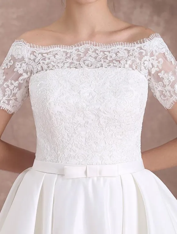 Short Wedding Dresses Vintage Bridal Dress 1950 Bateau Lace Short Sleeve Ivory Bow Sash Tea Length Wedding Reception Dress Free Customization