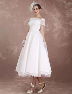 Short Wedding Dresses Vintage Bridal Dress 1950 Bateau Lace Short Sleeve Ivory Bow Sash Tea Length Wedding Reception Dress Free Customization
