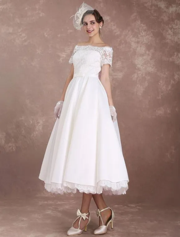 Short Wedding Dresses Vintage Bridal Dress 1950 Bateau Lace Short Sleeve Ivory Bow Sash Tea Length Wedding Reception Dress Free Customization