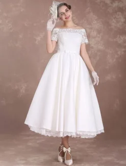 Short Wedding Dresses Vintage Bridal Dress 1950 Bateau Lace Short Sleeve Ivory Bow Sash Tea Length Wedding Reception Dress Free Customization