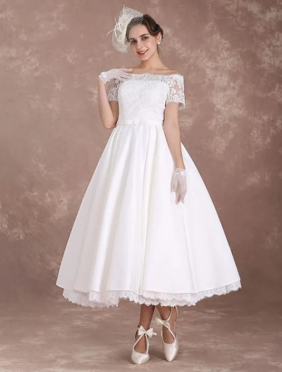 Short Wedding Dresses Vintage Bridal Dress 1950 Bateau Lace Short Sleeve Ivory Bow Sash Tea Length Wedding Reception Dress Free Customization