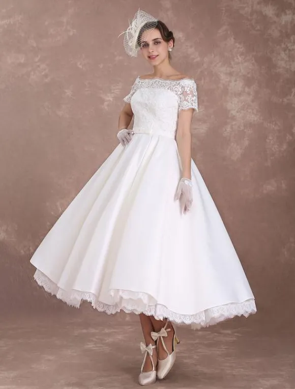Short Wedding Dresses Vintage Bridal Dress 1950 Bateau Lace Short Sleeve Ivory Bow Sash Tea Length Wedding Reception Dress Free Customization