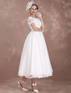 Short Wedding Dresses Vintage Bridal Dress 1950 Bateau Lace Short Sleeve Ivory Bow Sash Tea Length Wedding Reception Dress Free Customization