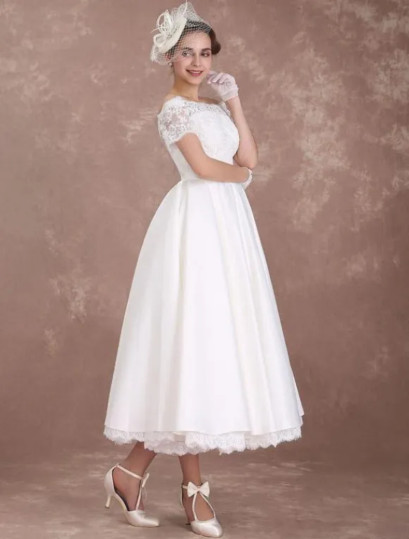 Short Wedding Dresses Vintage Bridal Dress 1950 Bateau Lace Short Sleeve Ivory Bow Sash Tea Length Wedding Reception Dress Free Customization