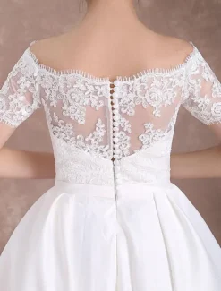 Short Wedding Dresses Vintage Bridal Dress 1950 Bateau Lace Short Sleeve Ivory Bow Sash Tea Length Wedding Reception Dress Free Customization