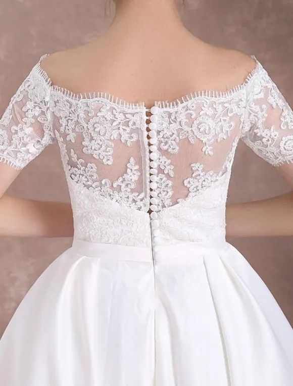 Short Wedding Dresses Vintage Bridal Dress 1950 Bateau Lace Short Sleeve Ivory Bow Sash Tea Length Wedding Reception Dress Free Customization