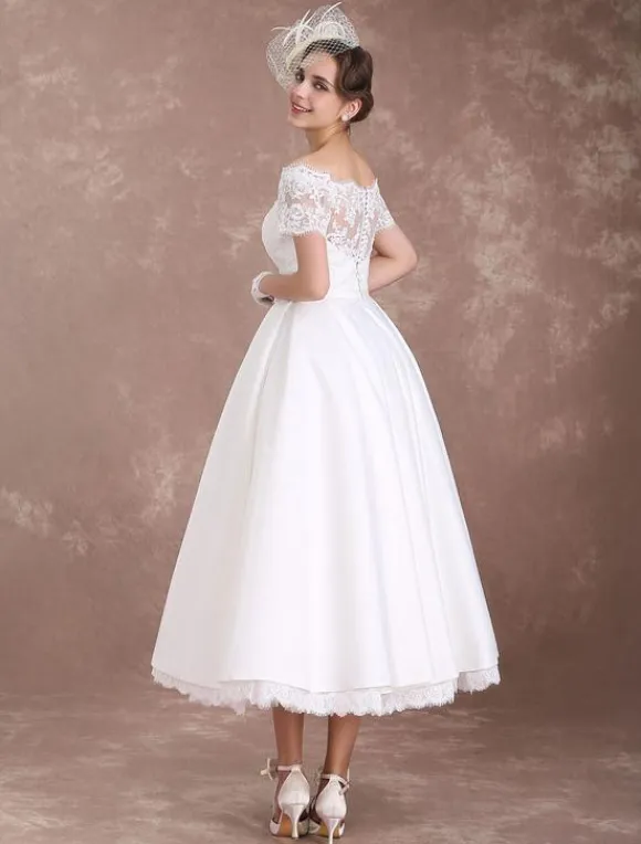 Short Wedding Dresses Vintage Bridal Dress 1950 Bateau Lace Short Sleeve Ivory Bow Sash Tea Length Wedding Reception Dress Free Customization