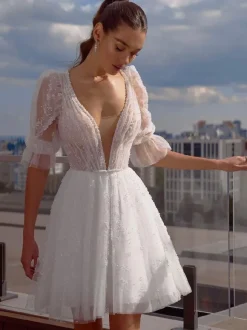 Short Wedding Dresses V-Neck Short Sleeves A-Line Short Bridal Gowns