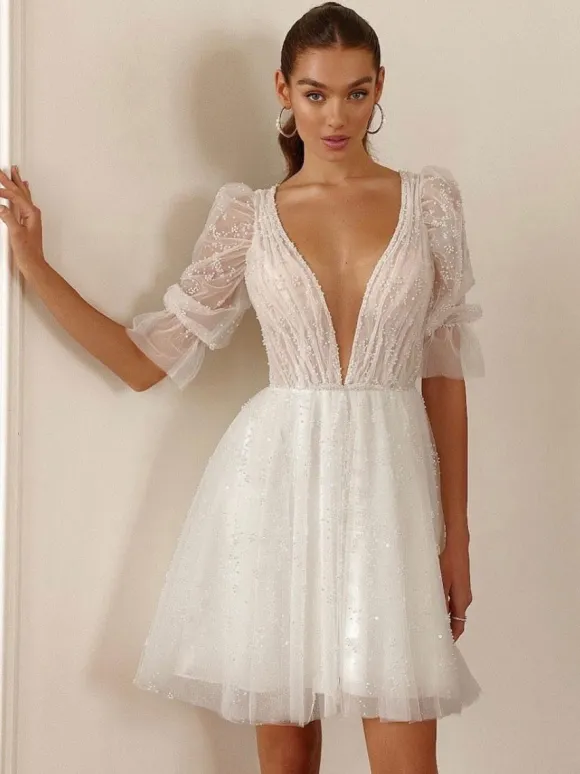 Short Wedding Dresses V-Neck Short Sleeves A-Line Short Bridal Gowns