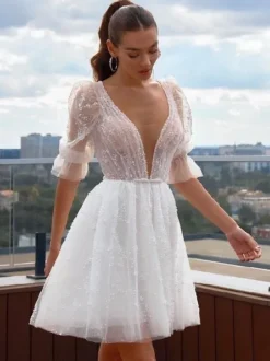 Short Wedding Dresses V-Neck Short Sleeves A-Line Short Bridal Gowns