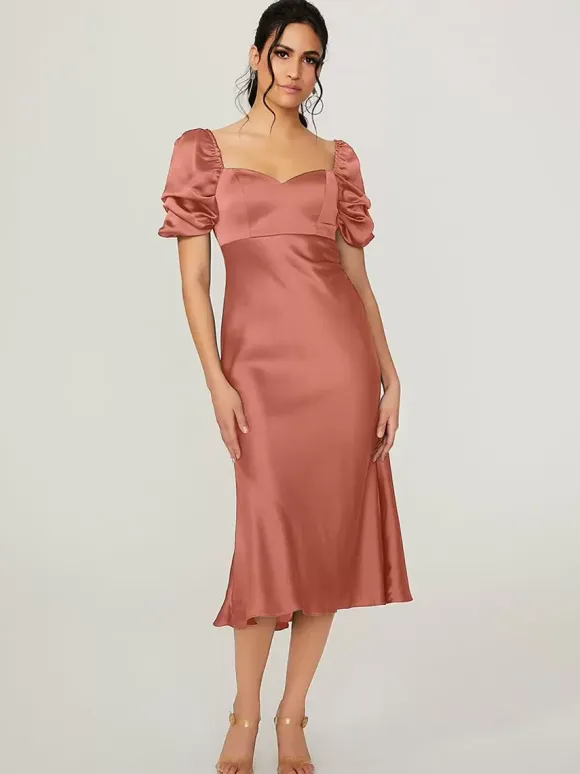 Short Bridesmaid Dress Elastic Silk Like Satin Short Sleeves Backless Sweetheart Neck Wedding Party Dresses