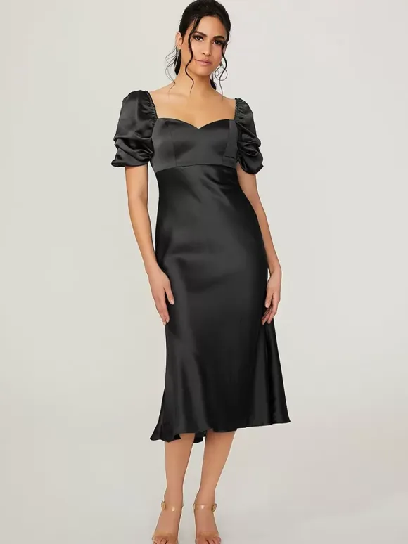 Short Bridesmaid Dress Elastic Silk Like Satin Short Sleeves Backless Sweetheart Neck Wedding Party Dresses