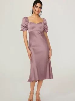 Short Bridesmaid Dress Elastic Silk Like Satin Short Sleeves Backless Sweetheart Neck Wedding Party Dresses