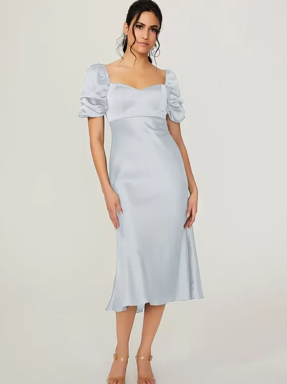 Short Bridesmaid Dress Elastic Silk Like Satin Short Sleeves Backless Sweetheart Neck Wedding Party Dresses