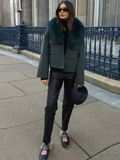 Short Jacket With Eco-friendly Fox Fur Collar Dark Green Oversized Spring Chic Outerwear For Women 2026