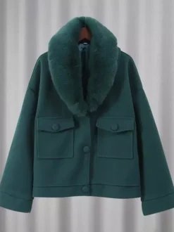 Short Jacket With Eco-friendly Fox Fur Collar Dark Green Oversized Spring Chic Outerwear For Women 2026