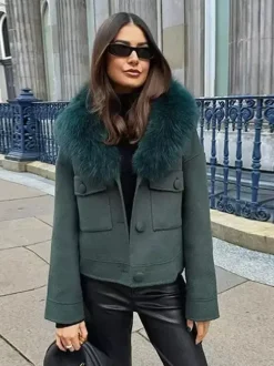 Short Jacket With Eco-friendly Fox Fur Collar Dark Green Oversized Spring Chic Outerwear For Women 2026