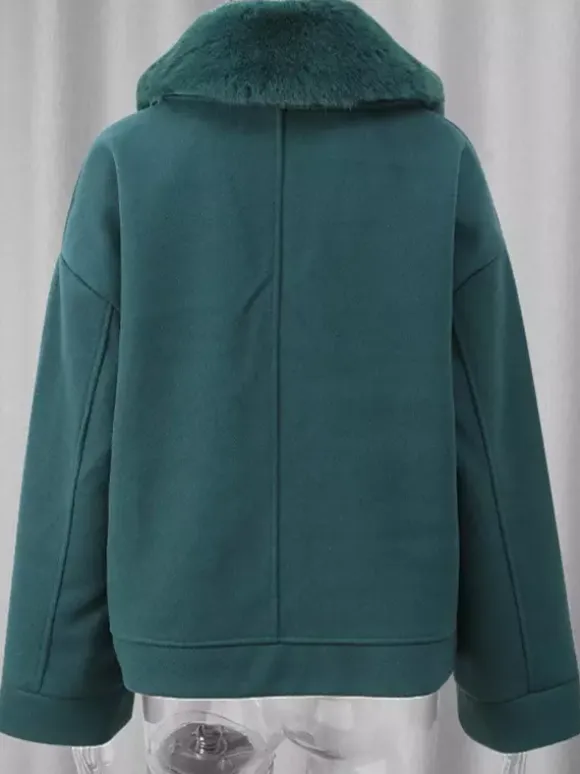 Short Jacket With Eco-friendly Fox Fur Collar Dark Green Oversized Spring Chic Outerwear For Women 2026