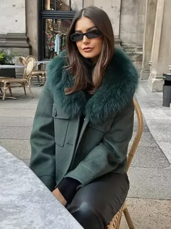 Short Jacket With Eco-friendly Fox Fur Collar Dark Green Oversized Spring Chic Outerwear For Women 2026
