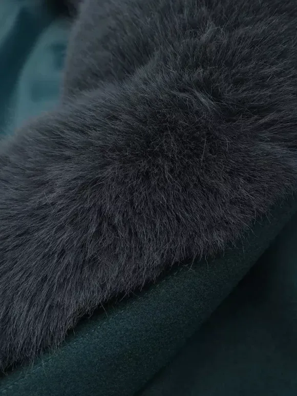 Short Jacket With Eco-friendly Fox Fur Collar Dark Green Oversized Spring Chic Outerwear For Women 2026