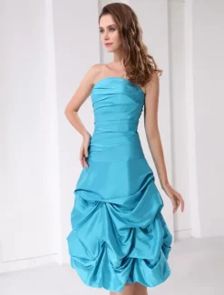 Short Prom Dress Aqua Strapless Ruched Ball Gown Knee Length Taffeta Party Dress Free Customization