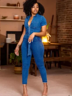 Short Sleeve Denim Jumpsuit For Women - Blue Casual Zip Up Belted Skinny Fit Jean Romper - All Season Daily Clubwear 2026