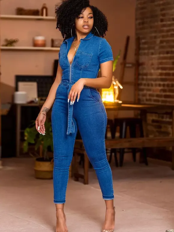 Short Sleeve Denim Jumpsuit For Women - Blue Casual Zip Up Belted Skinny Fit Jean Romper - All Season Daily Clubwear 2026