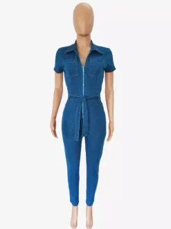 Short Sleeve Denim Jumpsuit For Women - Blue Casual Zip Up Belted Skinny Fit Jean Romper - All Season Daily Clubwear 2026