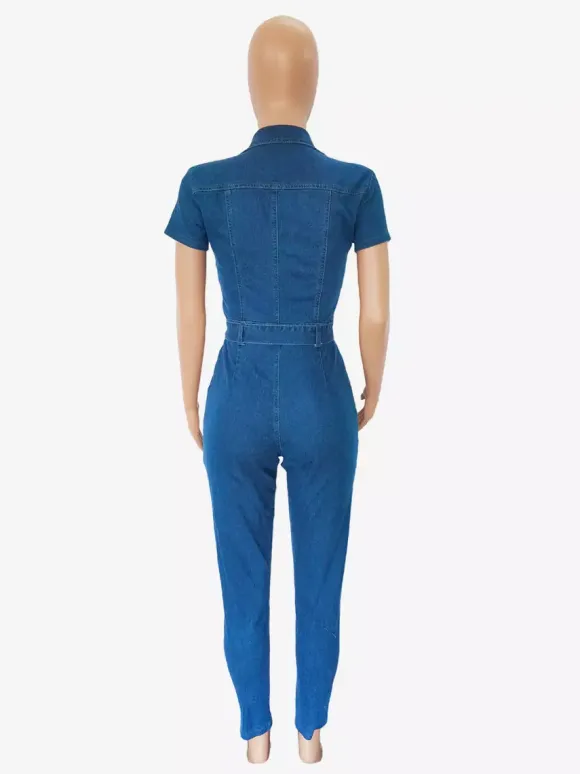 Short Sleeve Denim Jumpsuit For Women - Blue Casual Zip Up Belted Skinny Fit Jean Romper - All Season Daily Clubwear 2026