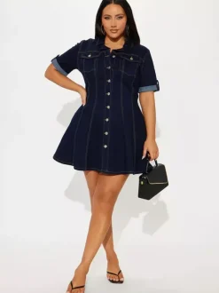Short Sleeve Mini Denim Dress For Women - Blue Sexy V-Neck Fit And Flare Button Up Jean Skater Dress - Summer Casual Party 2026