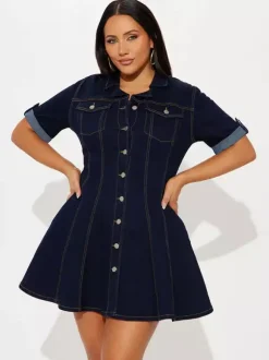 Short Sleeve Mini Denim Dress For Women - Blue Sexy V-Neck Fit And Flare Button Up Jean Skater Dress - Summer Casual Party 2026